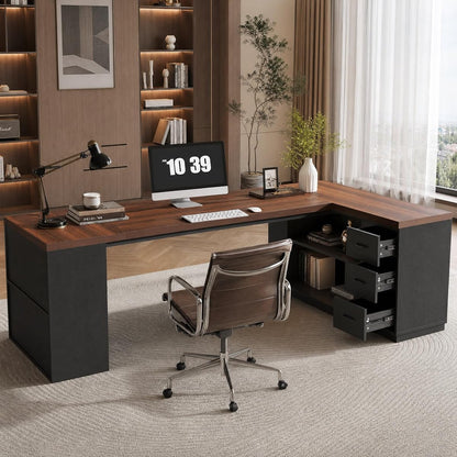 86.6" L-Shaped Executive Desk with 3 Drawers & Storage Shelves