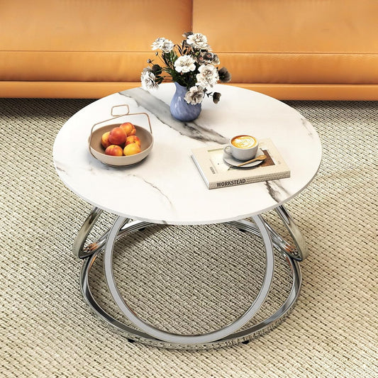Silver Coffee Table, Round Coffee Table Faux Marble Veins, Modern Center Table with Chrome Finish, for Living Room, Home Office, 1 PC
