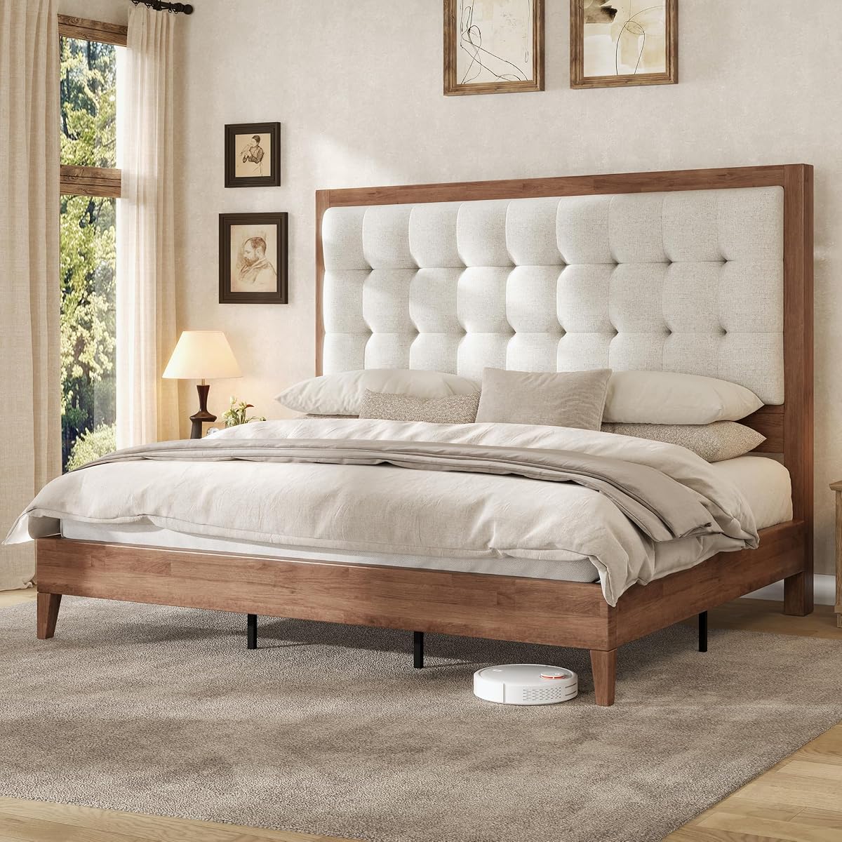 Solid Wood Queen Bed Frame 50.2" Upholstered Headboard, Walnut