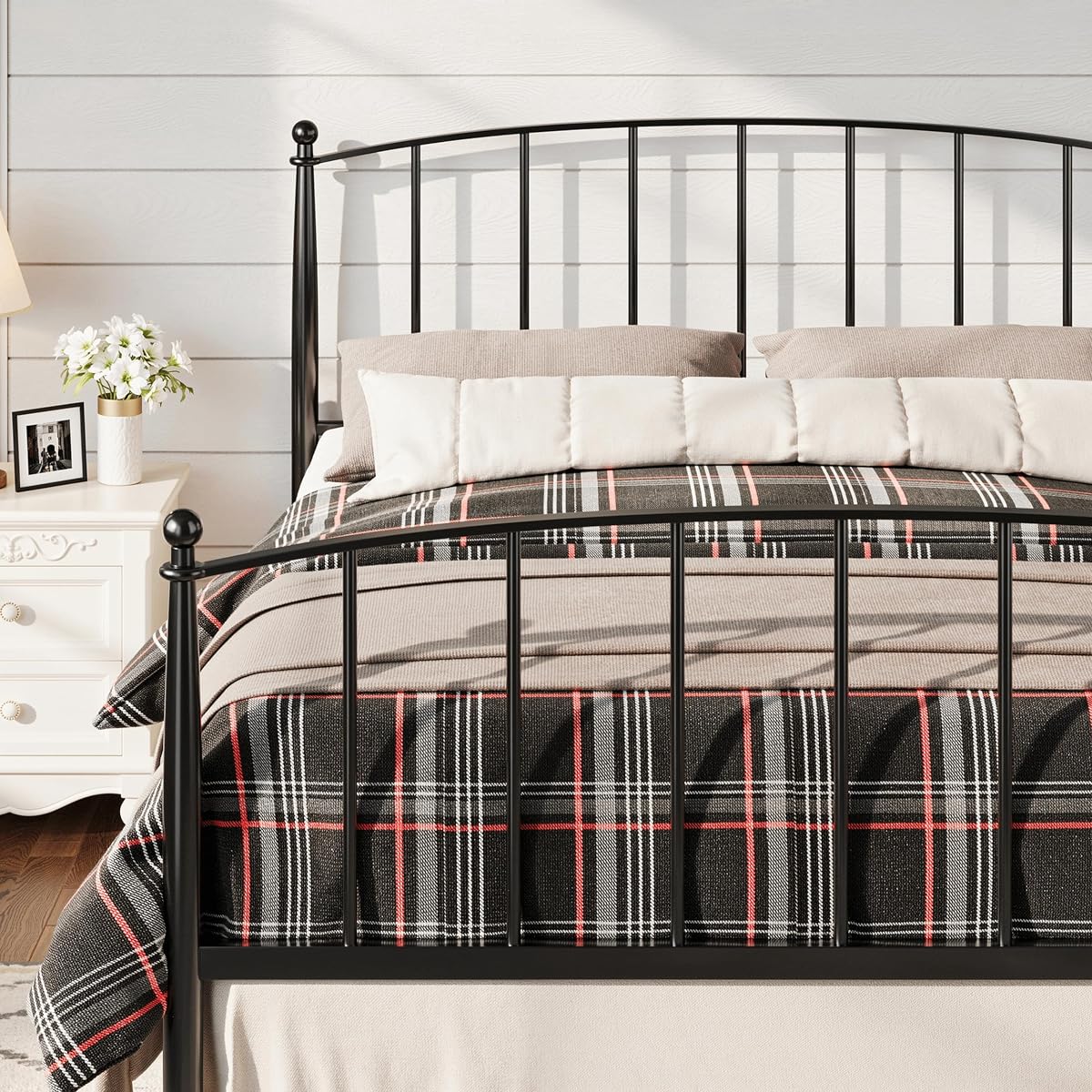 Metal Full Size Platform Bed Frame, 37'' Tall Footboard, Black