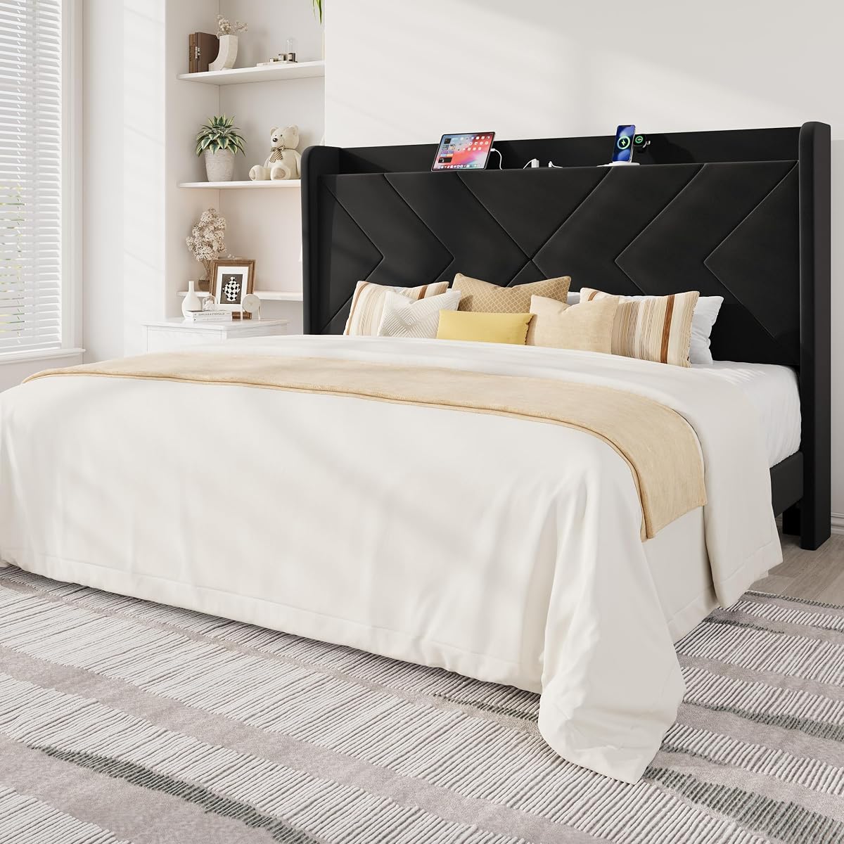 King Size Velvet Bed Frame with Charging and Shelf, Black