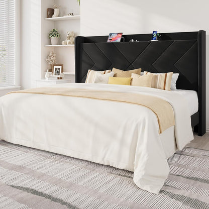 King Size Velvet Bed Frame with Charging and Shelf, Black