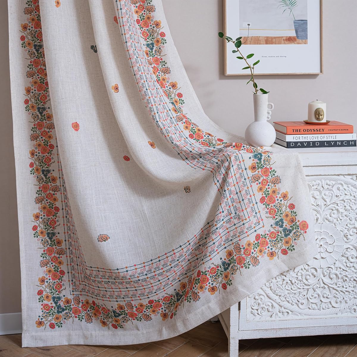Boho Floral Curtains for Living Room 2 Panels Linen Semi Sheer Flower Curtains & Drapes 84 Inches Length Farmhouse Room Decor Style Back Tab for Dining Room, Yellow, 50" x 84"