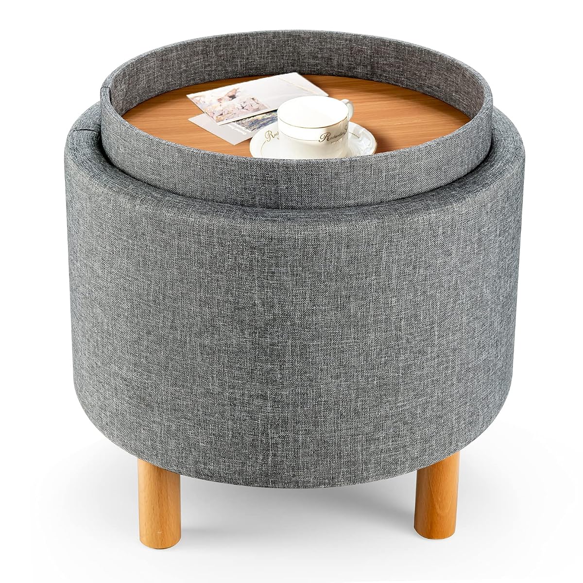Round Storage Ottoman with Tray Lid, Accent Storage Footstool w/Soft Padding, Fabric Sitting Stool w/Solid Wood Legs & Non-Slip Pads, Tray Top Coffee Table for Living Room, Bedroom (Grey)