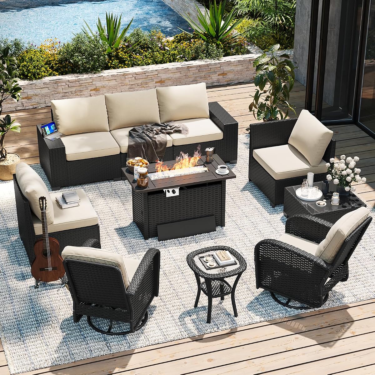 10-Piece Patio Furniture Set with 44” Fire Pit Table, Widen Armrests Wicker Rattan Outdoor Sectional Sofa with Swivel Chairs, Outdoor Patio Furniture Set with Thick Cushions & Ottoman, Beige