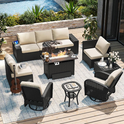 10-Piece Patio Furniture Set with 44” Fire Pit Table, Widen Armrests Wicker Rattan Outdoor Sectional Sofa with Swivel Chairs, Outdoor Patio Furniture Set with Thick Cushions & Ottoman, Beige