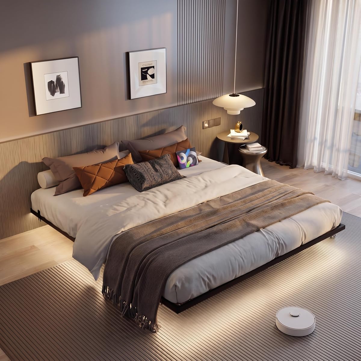 Floating Bed Frame California King Size with Charging Station and LED Lights