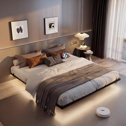 Floating Bed Frame California King Size with Charging Station and LED Lights