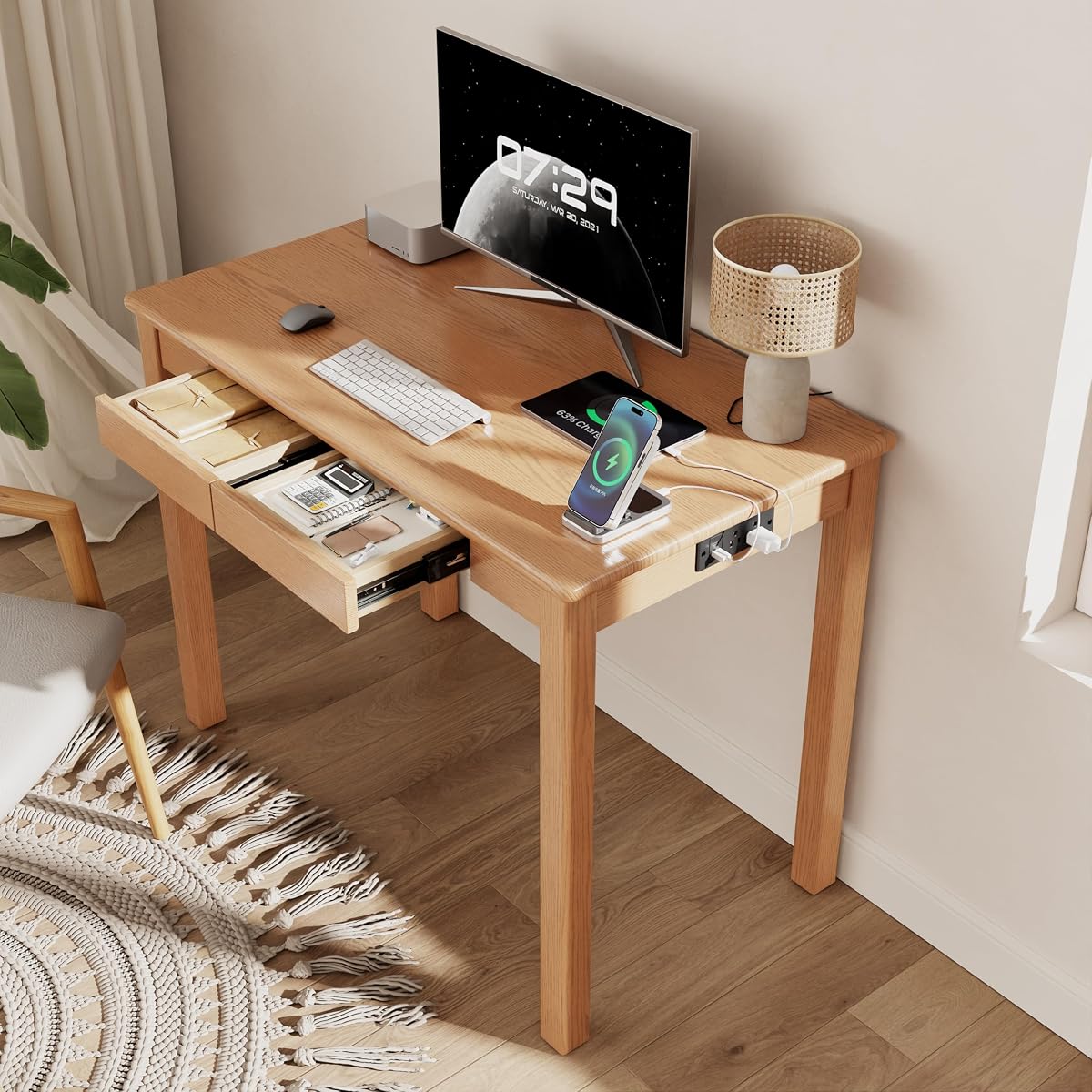 Solid Wood Desk with Charging Station and Drawers,Natural Color