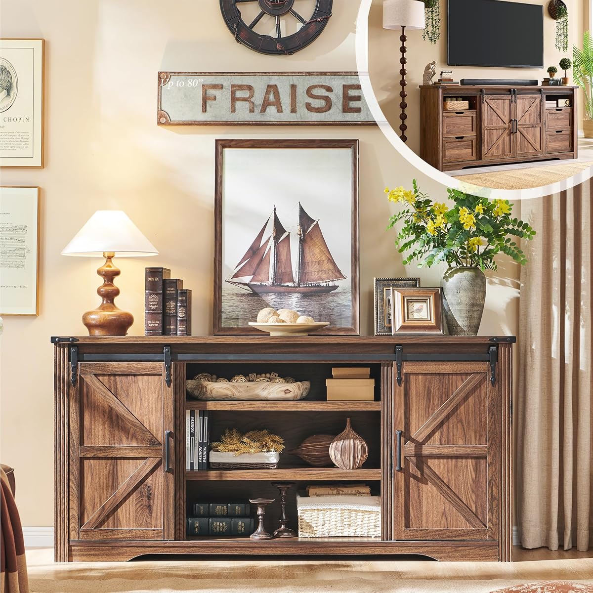 Farmhouse 66"TV Stand for 75+ Inch TV, With 4 Drawers & Sliding Barn Door | 32" Tall Entertainment Center, Rustic Media Console w/Storage Shelves, 66" Wood Television Stand for Living Room, Brown