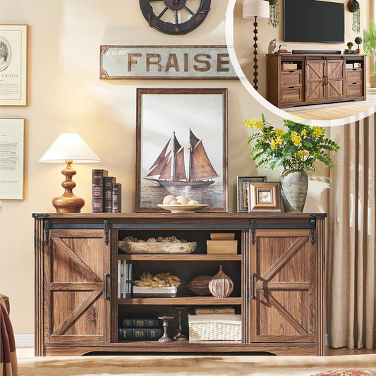 Farmhouse 66"TV Stand for 75+ Inch TV, With 4 Drawers & Sliding Barn Door | 32" Tall Entertainment Center, Rustic Media Console w/Storage Shelves, 66" Wood Television Stand for Living Room, Brown