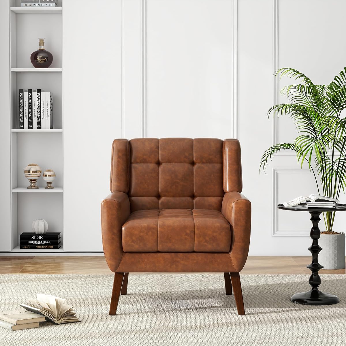 Faux Leather Accent Chair, Modern Upholstered Club Arm Chair for Living Room, Comfy Armchair Single Sofa Seat with Solid Wooden Legs (Coffee)