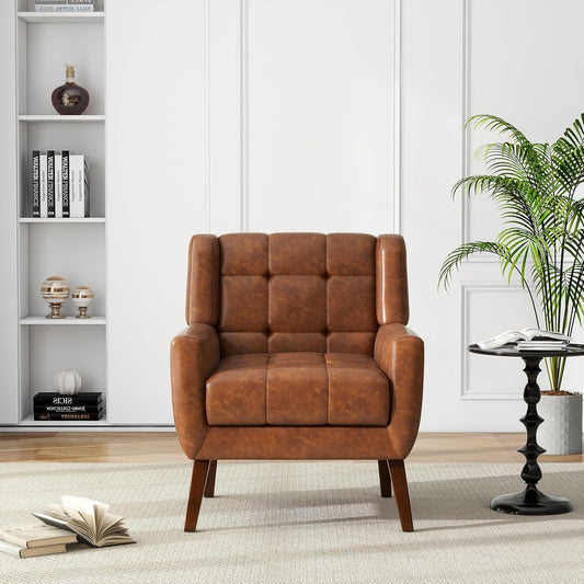 Faux Leather Accent Chair, Modern Upholstered Club Arm Chair for Living Room, Comfy Armchair Single Sofa Seat with Solid Wooden Legs (Coffee)