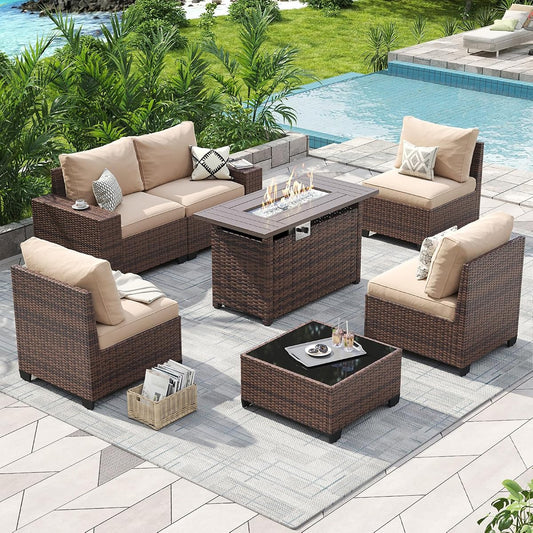 Outdoor Patio Furniture Set with 44'' Fire Pit Table, 7 Pcs Outdoor Patio Furniture Sets with 4in Thicken Cushion, Widen Armrests Wicker Outdoor Sectional for Backyard & Garden, Beige