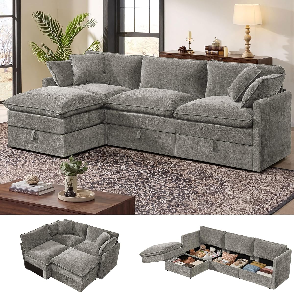 103" Modular Sectional Sofa with Storage, L Shaped Cloud Couch with Movable Ottomans & Throw Pillows, Chenille Deep Seat Sectional Couches for Living Room, Apartment (Grey)