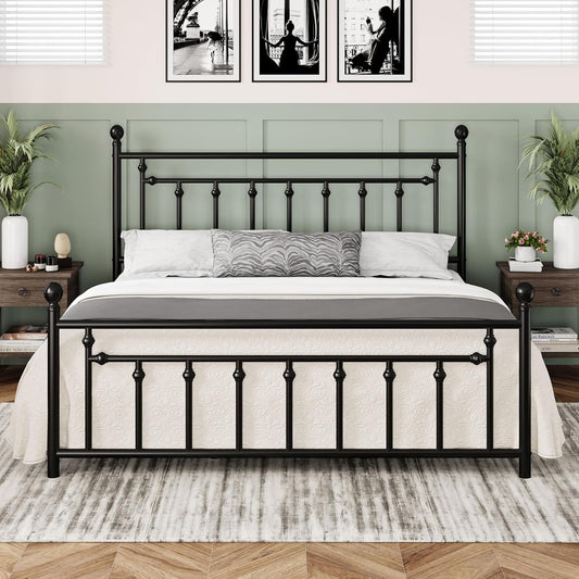 14'' King Size Metal Platform Bed Frame, Vintage Headboard, Black
