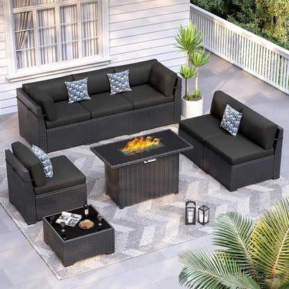 8 Piece Patio Furniture Set with 44” Fire Pit Table All-Weather Wicker Conversation Sectional Sofa & Coffee Table with Thickened Cushions for Backyard, Garden(Black)