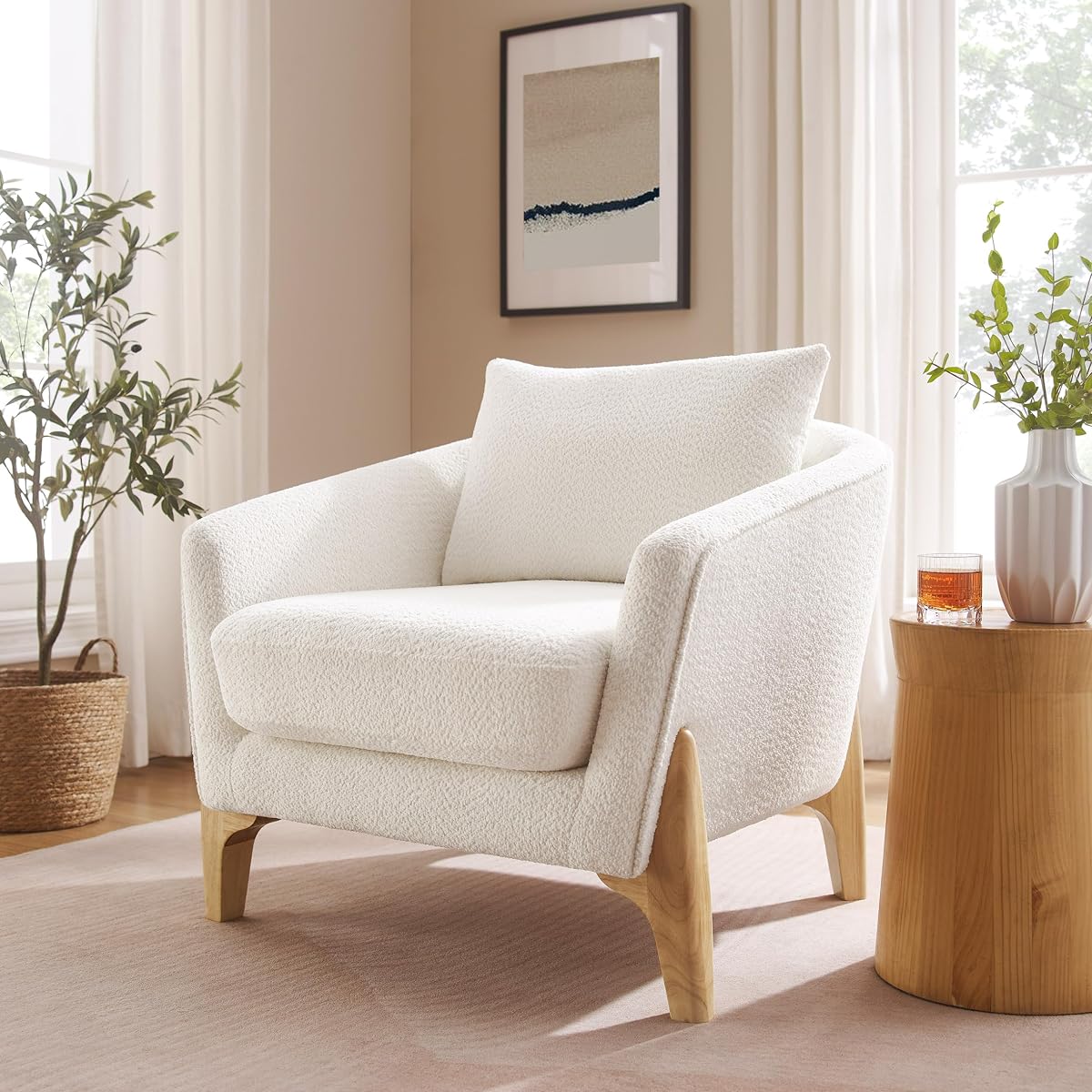 Accent Chairs for Living Room, Sherpa Armchair with Cushion, Comfy Chair for Bedroom, Reading, Corner, Apartment, White