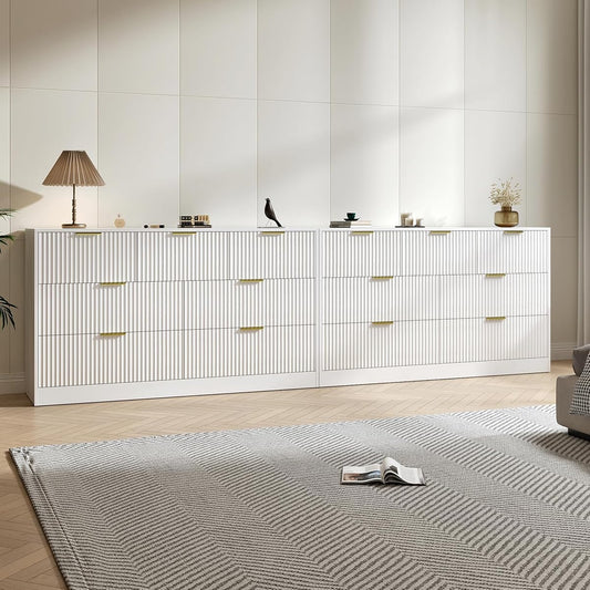 White Dresser Set of 2, Long Dresser for Bedroom Wooden with 14 Drawers, Fluted Modern Bedroom Furniture Set, TV Stand Dressers & Chests of Drawers for Closet (15.7"D x 110.2"W x 31.8"H)