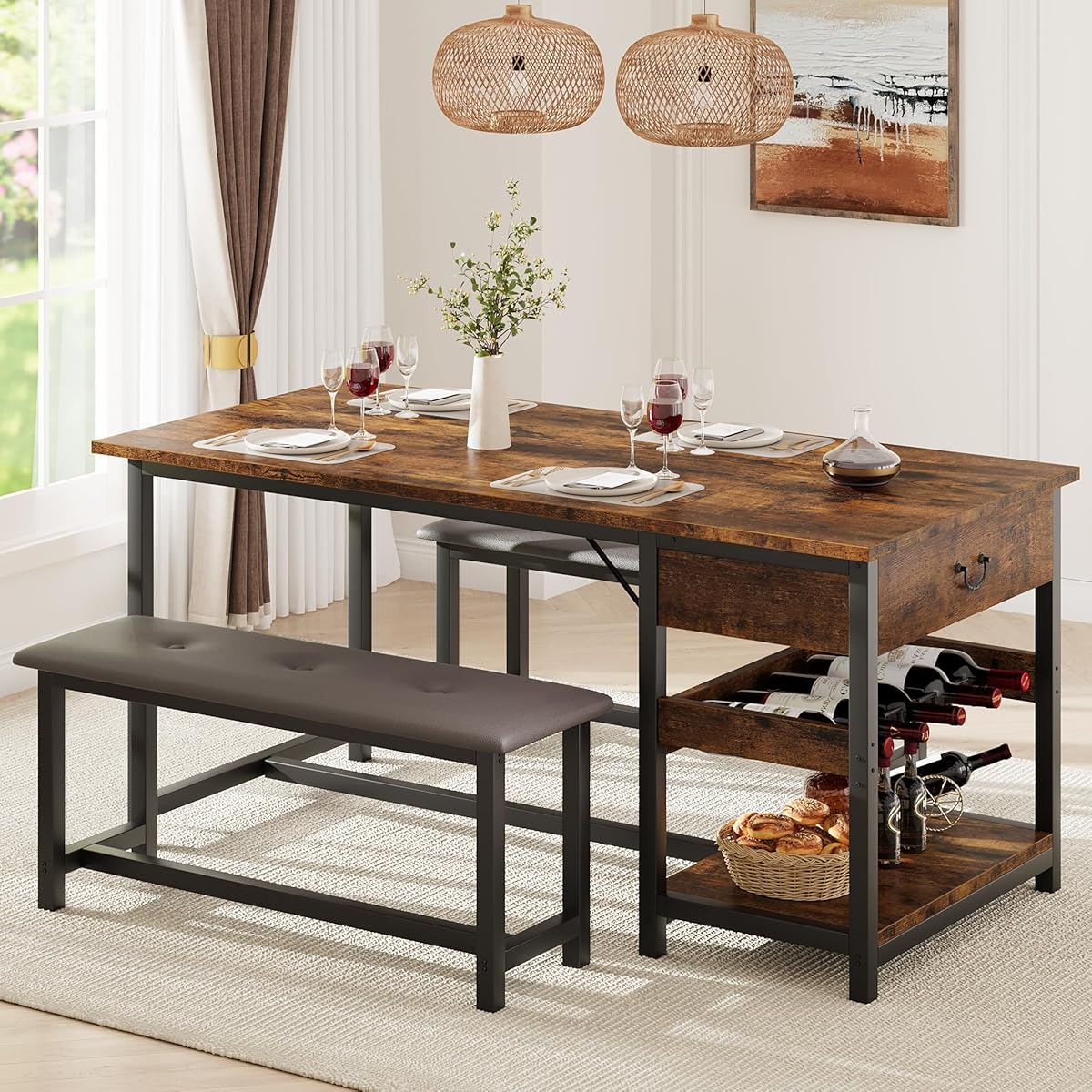 Dining Table Set for 4, Dining Room Table with Storage Drawers & Wine Rack, Kitchen Dining Table Set with Upholstered Benches for Dining Room-Retro Brown