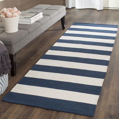 SAFAVIEH Montauk Collection Runner Rug - 2'3" x 11'7", Navy & Ivory, Handmade Flatweave Cotton, Woven Texture, Farmhouse Stripe Pattern, Ideal for Living Room, Bedroom, Dining Space (MTK712H)