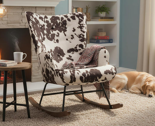 Nursery Rocking Chair Fabric Upholstered Rocker Chair Tufted Wingback Accent Chair with Wooden Base Modern Comfy Lounge Armchair for Bedroom Living Room, Cow