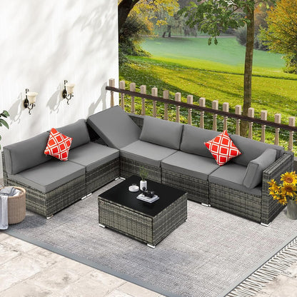 7 Piece Patio Furniture Set with Adjustable Bracket All-Weather Wicker Conversation Set with Coffee Table for Porch Garden Backyard (Gray)