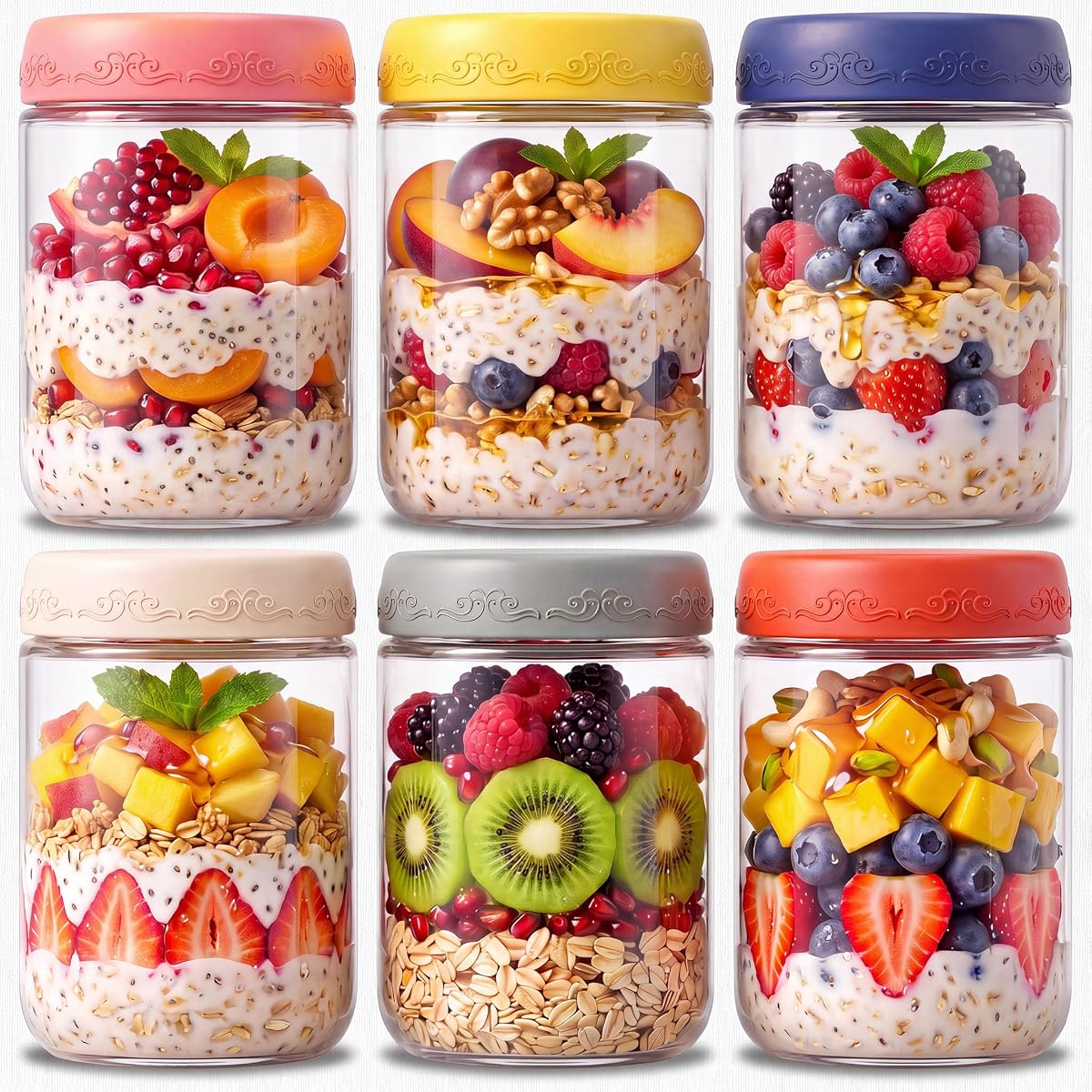 6-pack 16 oz Overnight Oats Containers with Lids