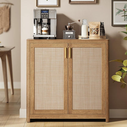 VASAGLE ELLAN Collection - Boho Buffet Cabinet with Rattan-Look Doors, Sideboard Storage Cabinet, Rounded Corners, Adjustable Shelf, for Kitchen, Natural Brown UBBK345KC01