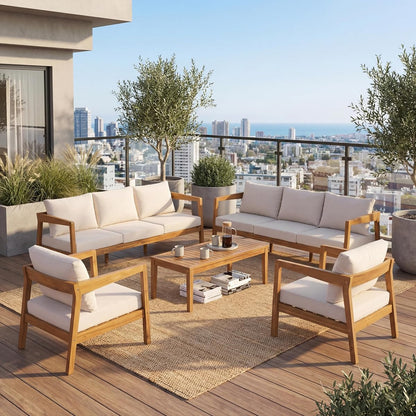 5 Piece Outdoor Acacia Wood Patio Furniture Set Lounge Chairs Coffee Table 3 Seater Sofa Deep Seating Conversation Set Teak Finish Beige Cushion