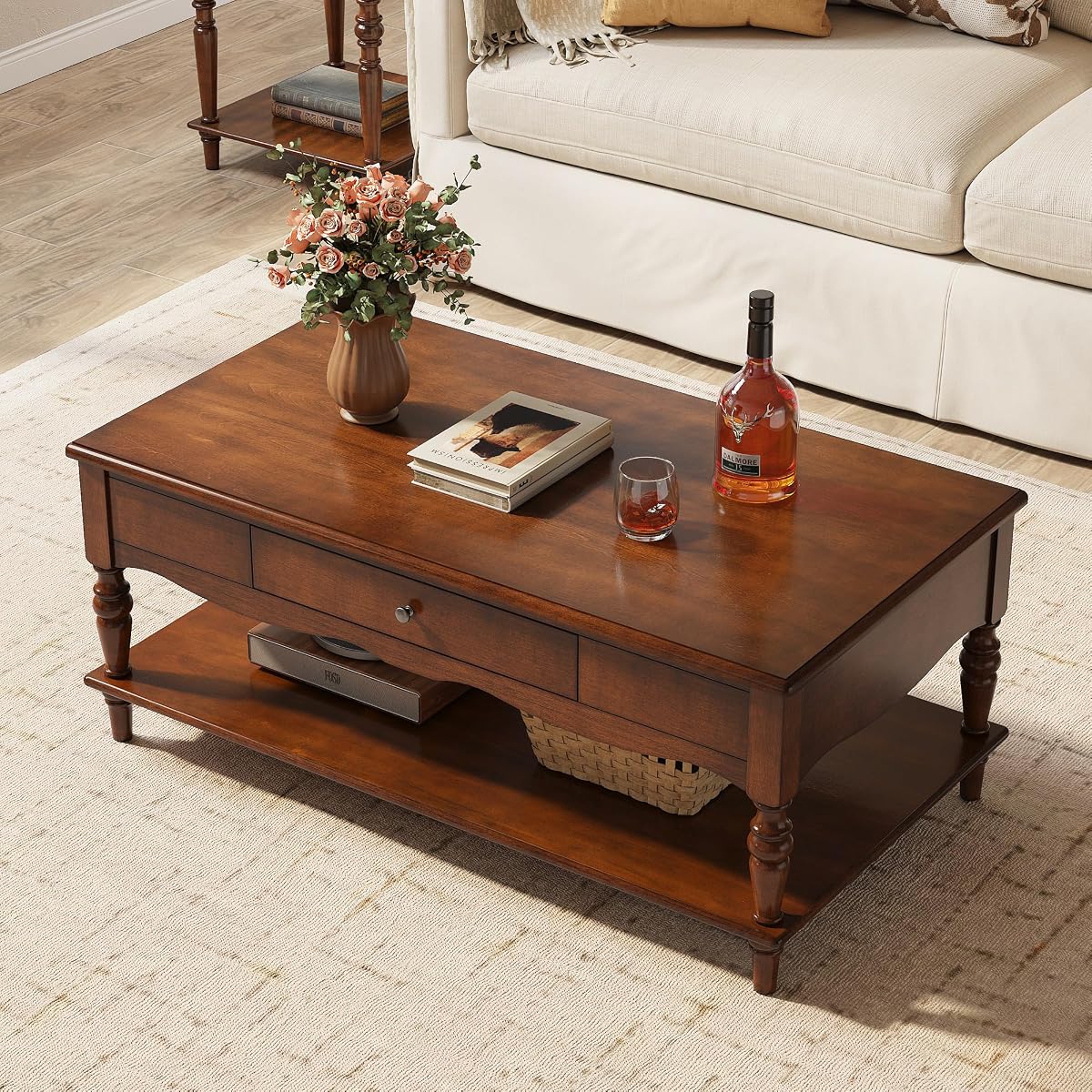Wooden Coffee Table with Drawers & Storage Shelf, Cherry Brown | 43.3x23.6x17.7in, Vintage Rectangle Center Table with 2 Drawers, Apartment Cocktail Table with Turned Legs for Living Room