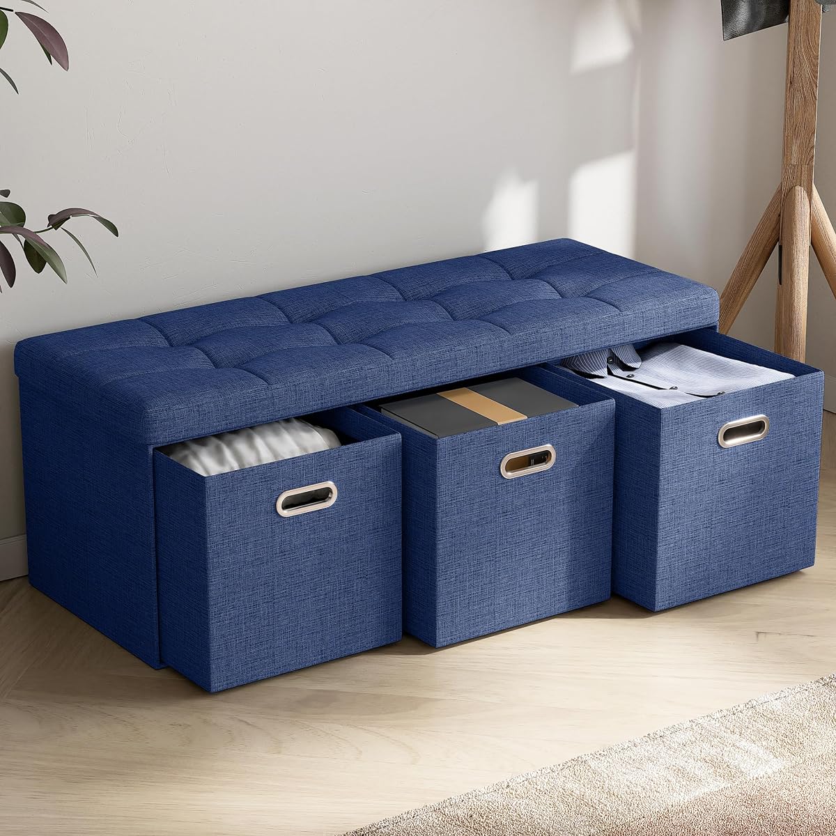 40 Inch Storage Ottoman with 3 Drawers, Tufted Linen, Navy Blue | Foldable Large Bench Design; Foot Rest Stool Seat; Ideal for Living Room, Bedroom or Entryway