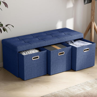 40 Inch Storage Ottoman with 3 Drawers, Tufted Linen, Navy Blue | Foldable Large Bench Design; Foot Rest Stool Seat; Ideal for Living Room, Bedroom or Entryway