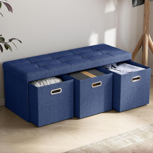 40 Inch Storage Ottoman with 3 Drawers, Tufted Linen, Navy Blue | Foldable Large Bench Design; Foot Rest Stool Seat; Ideal for Living Room, Bedroom or Entryway