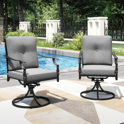Outdoor Steel Swivel Dining Chairs Set of 2, Heavy-Duty Rustproof Black Wrought Iron Armchairs with Thick Cushions, Large Seating Furniture for Patio, Deck, Backyard, Porch