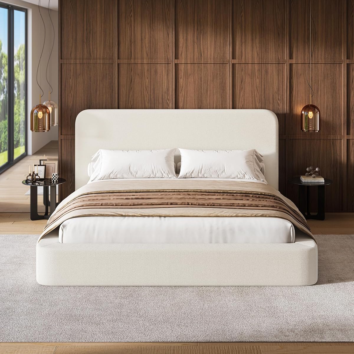 Queen Upholstered Platform Bed Frame with Padded Headboard