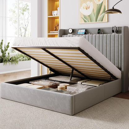 Queen Lift Up Storage Hydraulic Bed Frame,Charging Station,Grey