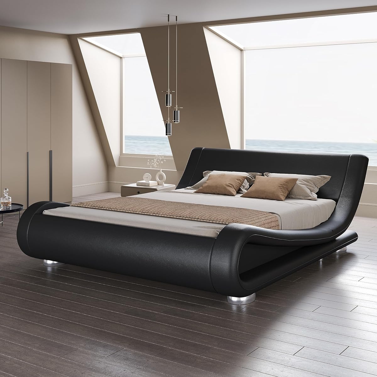 Queen Size Sleigh Bed Frame, Low Profile, Faux Leather, Black