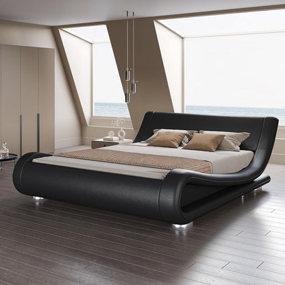 Queen Size Sleigh Bed Frame, Low Profile, Faux Leather, Black