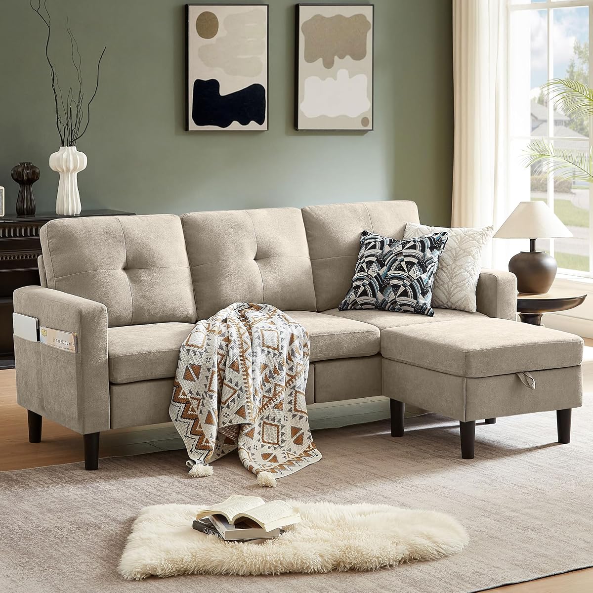 79" Convertible Sectional Sofa, Small L Shaped 3 Seat Couch with Storage Chaise and Side Pocket, Modern Polyester Fabric Reversible Sofa Couches for Living Room, Apartment and Small Space