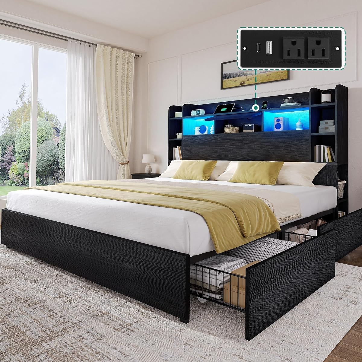 King Size Bed Frame, 51" Tall Bookcase Headboard, 4 Storage Drawer
