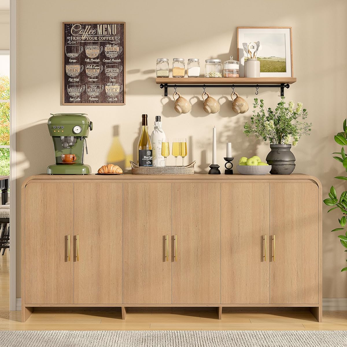 71Inch Modern Sideboard Buffet Cabinet with Large Storage, 6 Doors, Oak