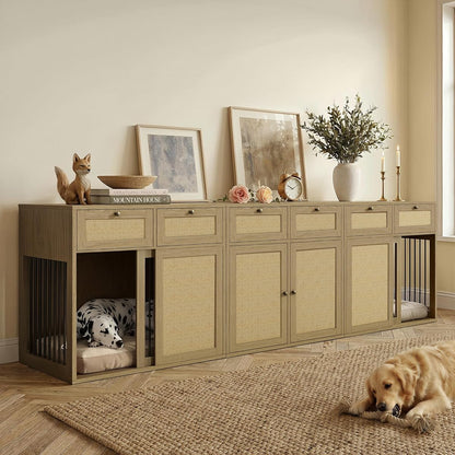 3-Piece Double Dog Crate Furniture, 120 Inch, Light Oak