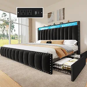King Size Bed Frame with 4 Storage Drawers and RGB LED Lights,Black, view 2