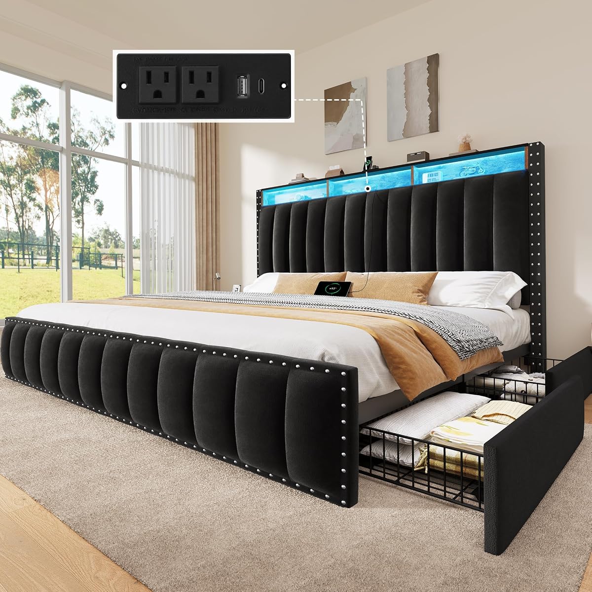 King Size Bed Frame with 4 Storage Drawers and RGB LED Lights,Black
