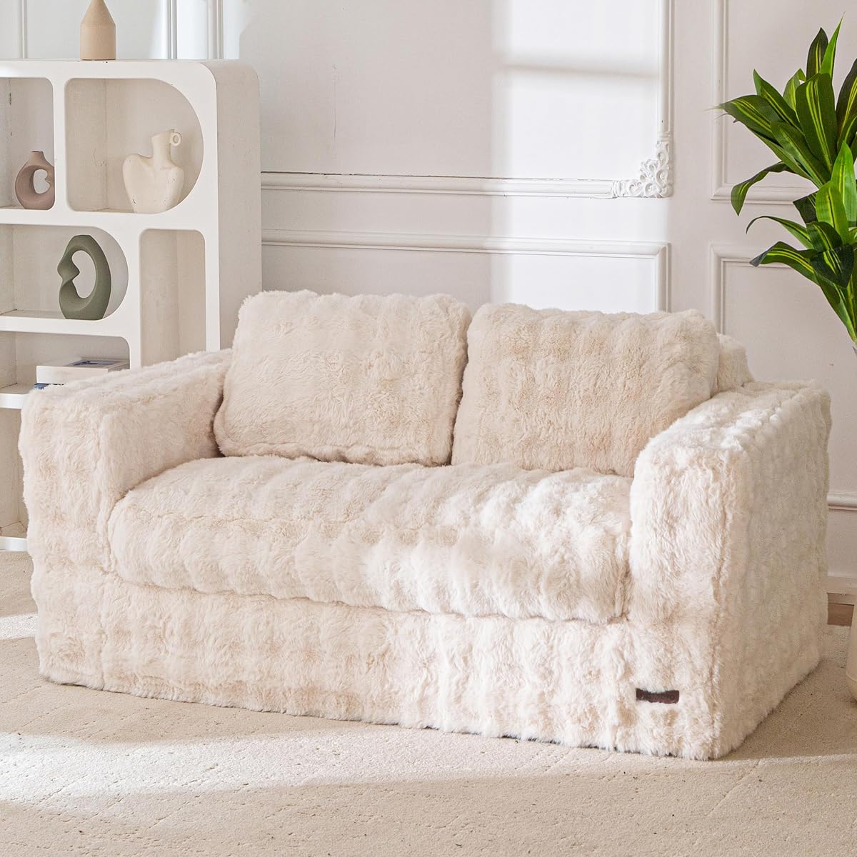 Loveseat Sofa Couch, Upholstered Bean Bag Chair Cloud Seat for Adults, Boneless Couch with Cushion & Pillows, Sofa in A Box, No Assembly Required, Bubble Beige, 2-Seat