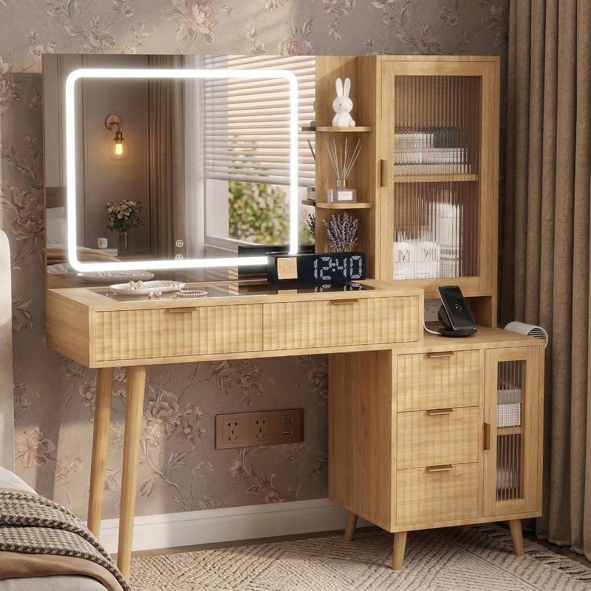 49" Wooden Vanity Desk with Mirror and Lights