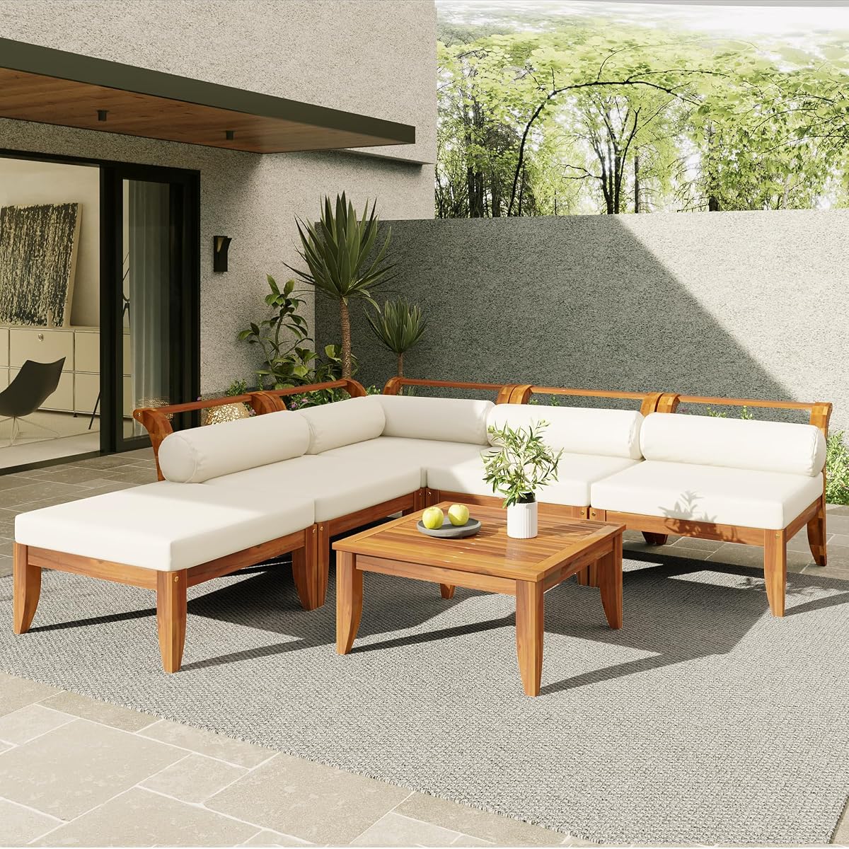 6 Pieces Patio Furniture Set, Outdoor L-Shaped Sectional Sofa Set with Coffee Table, Acacia Wood Conversation Seating & Cushions and Lumbar Pillows, for Garden, Poolside and Backyard, Teak+Beige
