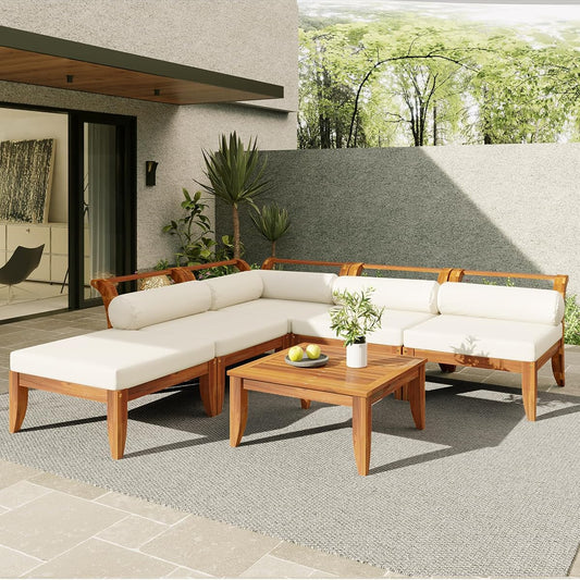 6 Pieces Patio Furniture Set, Outdoor L-Shaped Sectional Sofa Set with Coffee Table, Acacia Wood Conversation Seating & Cushions and Lumbar Pillows, for Garden, Poolside and Backyard, Teak+Beige
