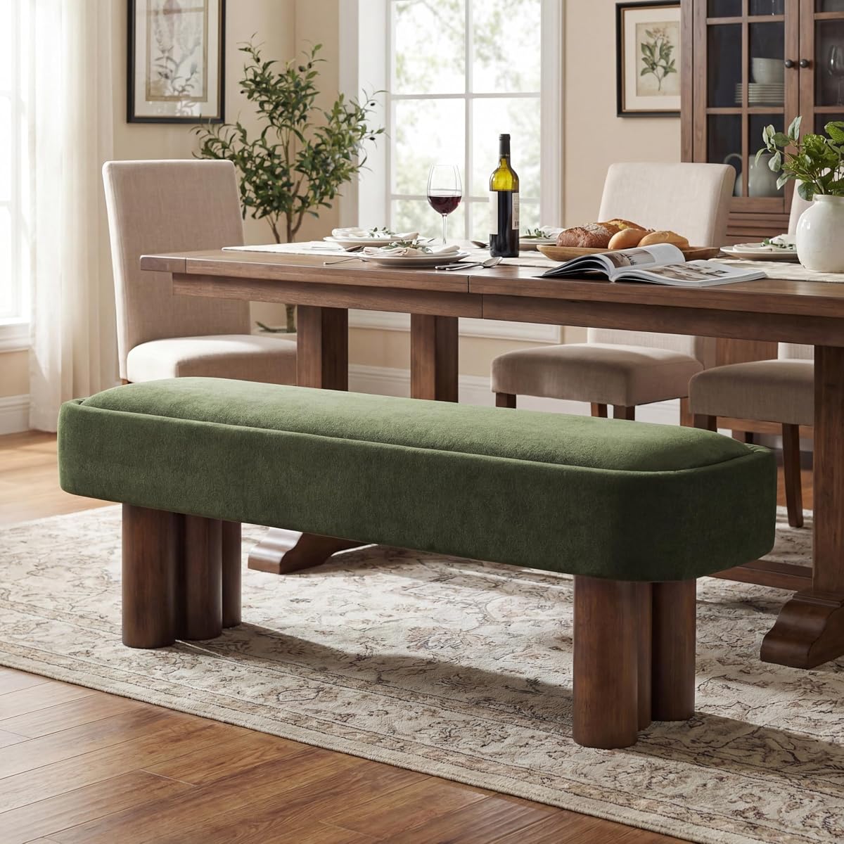 60.04" Green Upholstered Dining Bench with Walnut-Finished Rubberwood Legs – Fabric Seating Bench for Kitchen, Dining Room, Living Space, Supports 250 lbs